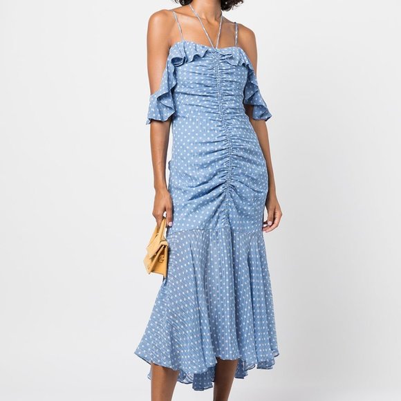 JONATHAN SIMKHAI Naomie Midi Maxi Dress Polka-dot Silk Dress In Blue White - Picture 1 of 16